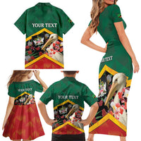 Personalized Saint Kitts and Nevis Family Matching Short Sleeve Bodycon Dress and Hawaiian Shirt Pelican With Poinciana Flowers - Wonder Print Shop