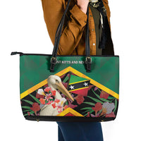 Saint Kitts and Nevis Leather Tote Bag Pelican With Poinciana Flowers - Wonder Print Shop
