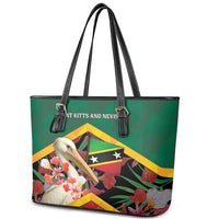 Saint Kitts and Nevis Leather Tote Bag Pelican With Poinciana Flowers - Wonder Print Shop