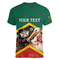 Personalized Saint Kitts and Nevis Women V-Neck T-Shirt Pelican With Poinciana Flowers - Wonder Print Shop