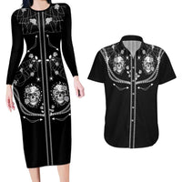 Western Gothic Yoke Couples Matching Long Sleeve Bodycon Dress and Hawaiian Shirt Skull Rose With Spider - Wonder Print Shop