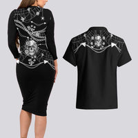 Western Gothic Yoke Couples Matching Long Sleeve Bodycon Dress and Hawaiian Shirt Skull Rose With Spider - Wonder Print Shop