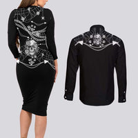 Western Gothic Yoke Couples Matching Long Sleeve Bodycon Dress and Long Sleeve Button Shirt Skull Rose With Spider - Wonder Print Shop