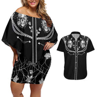 Western Gothic Yoke Couples Matching Off Shoulder Short Dress and Hawaiian Shirt Skull Rose With Spider - Wonder Print Shop