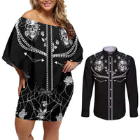 Western Gothic Yoke Couples Matching Off Shoulder Short Dress and Long Sleeve Button Shirt Skull Rose With Spider - Wonder Print Shop