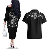 Western Gothic Yoke Couples Matching Off The Shoulder Long Sleeve Dress and Hawaiian Shirt Skull Rose With Spider - Wonder Print Shop