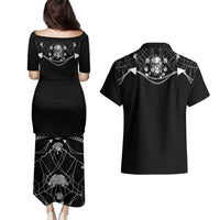 Western Gothic Yoke Couples Matching Puletasi and Hawaiian Shirt Skull Rose With Spider - Wonder Print Shop