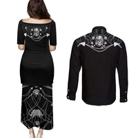 Western Gothic Yoke Couples Matching Puletasi and Long Sleeve Button Shirt Skull Rose With Spider - Wonder Print Shop