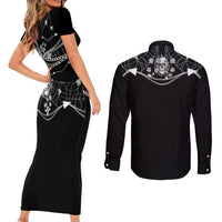 Western Gothic Yoke Couples Matching Short Sleeve Bodycon Dress and Long Sleeve Button Shirt Skull Rose With Spider - Wonder Print Shop