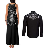 Western Gothic Yoke Couples Matching Tank Maxi Dress and Long Sleeve Button Shirt Skull Rose With Spider - Wonder Print Shop