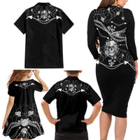 Western Gothic Yoke Family Matching Long Sleeve Bodycon Dress and Hawaiian Shirt Skull Rose With Spider - Wonder Print Shop