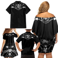 Western Gothic Yoke Family Matching Off Shoulder Short Dress and Hawaiian Shirt Skull Rose With Spider - Wonder Print Shop