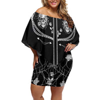 Western Gothic Yoke Family Matching Off Shoulder Short Dress and Hawaiian Shirt Skull Rose With Spider - Wonder Print Shop