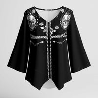 Western Gothic Yoke Kimono Sleeve Blouse Skull Rose With Spider - Wonder Print Shop