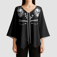 Western Gothic Yoke Kimono Sleeve Blouse Skull Rose With Spider - Wonder Print Shop