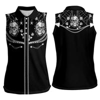 Western Gothic Yoke Women Sleeveless Polo Shirt Skull Rose With Spider - Wonder Print Shop