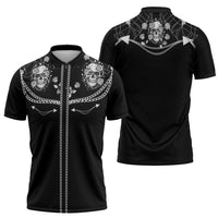 Western Gothic Yoke Zipper Polo Shirt Skull Rose With Spider - Wonder Print Shop