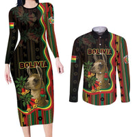 Bolivia Couples Matching Long Sleeve Bodycon Dress and Long Sleeve Button Shirt The Llama With Kantuta Over Andean Patterns - Wonder Print Shop
