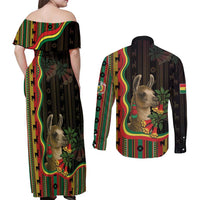 Bolivia Couples Matching Off Shoulder Maxi Dress and Long Sleeve Button Shirt The Llama With Kantuta Over Andean Patterns - Wonder Print Shop
