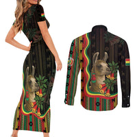 Bolivia Couples Matching Short Sleeve Bodycon Dress and Long Sleeve Button Shirt The Llama With Kantuta Over Andean Patterns - Wonder Print Shop