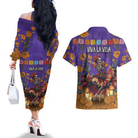Day Of The Dead Couples Matching Off The Shoulder Long Sleeve Dress and Hawaiian Shirt Viva La Vida - Wonder Print Shop