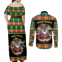 Jamaica Christmas Couples Matching Off Shoulder Maxi Dress and Long Sleeve Button Shirt Most Likely To Smoke With Santa - Wonder Print Shop