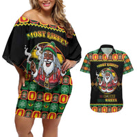 Jamaica Christmas Couples Matching Off Shoulder Short Dress and Hawaiian Shirt Most Likely To Smoke With Santa - Wonder Print Shop