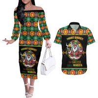 Jamaica Christmas Couples Matching Off The Shoulder Long Sleeve Dress and Hawaiian Shirt Most Likely To Smoke With Santa - Wonder Print Shop