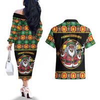 Jamaica Christmas Couples Matching Off The Shoulder Long Sleeve Dress and Hawaiian Shirt Most Likely To Smoke With Santa - Wonder Print Shop