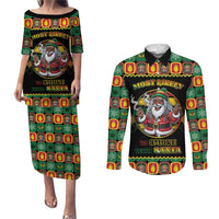 Jamaica Christmas Couples Matching Puletasi and Long Sleeve Button Shirt Most Likely To Smoke With Santa - Wonder Print Shop