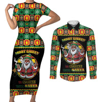 Jamaica Christmas Couples Matching Short Sleeve Bodycon Dress and Long Sleeve Button Shirt Most Likely To Smoke With Santa - Wonder Print Shop