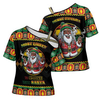 Jamaica Christmas Cross Shoulder Shirt Most Likely To Smoke With Santa - Wonder Print Shop