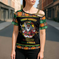 Jamaica Christmas Cross Shoulder Shirt Most Likely To Smoke With Santa - Wonder Print Shop