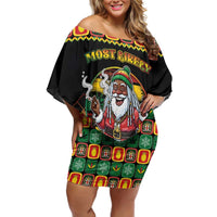Jamaica Christmas Off Shoulder Short Dress Most Likely To Smoke With Santa - Wonder Print Shop