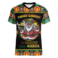 Jamaica Christmas Women V-Neck T-Shirt Most Likely To Smoke With Santa - Wonder Print Shop