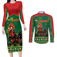 Portugal Christmas Couples Matching Long Sleeve Bodycon Dress and Long Sleeve Button Shirt Funny Galo De Barcelos - Wonder Print Shop