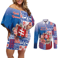 Slovakia Christmas Couples Matching Off Shoulder Short Dress and Long Sleeve Button Shirt Vesale Vianoce Xmas Pattern - Wonder Print Shop