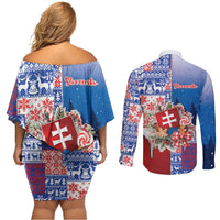 Slovakia Christmas Couples Matching Off Shoulder Short Dress and Long Sleeve Button Shirt Vesale Vianoce Xmas Pattern - Wonder Print Shop