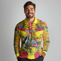 Personalized Italy Sicily Long Sleeve Polo Shirt Gorgoneion Baroque Patterns - Wonder Print Shop