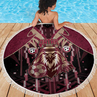 Qatar Football Beach Blanket Glitch Style Falcon With Arabic Patterns