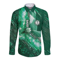 Custom Saudi Arabia Football Long Sleeve Button Shirt Eagle With Desert Glitch Cyberpunk Art