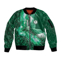 Custom Saudi Arabia Football Sleeve Zip Bomber Jacket Eagle With Desert Glitch Cyberpunk Art