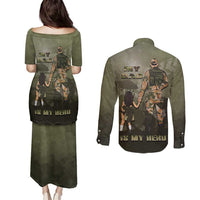 Military Fathers Day Couples Matching Puletasi and Long Sleeve Button Shirt My Dad Is My Hero