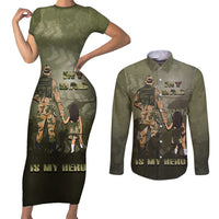 Military Fathers Day Couples Matching Short Sleeve Bodycon Dress and Long Sleeve Button Shirt My Dad Is My Hero