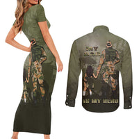 Military Fathers Day Couples Matching Short Sleeve Bodycon Dress and Long Sleeve Button Shirt My Dad Is My Hero