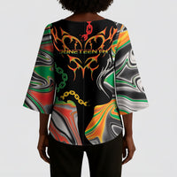 African Juneteenth Freedom Day 1865 Kimono Sleeve Blouse Colors Liquid Marble With Broken Chains