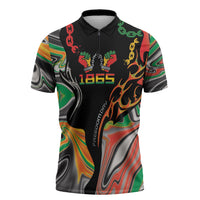 African Juneteenth Freedom Day 1865 Zipper Polo Shirt Colors Liquid Marble With Broken Chains