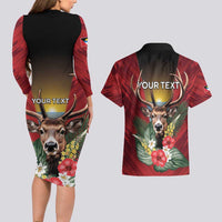 Personalized Antigua and Barbuda Couples Matching Long Sleeve Bodycon Dress and Hawaiian Shirt Tropical Flowers Stag Deer - Wonder Print Shop