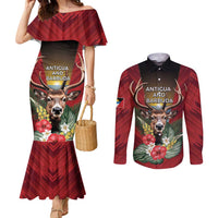 Personalized Antigua and Barbuda Couples Matching Mermaid Dress and Long Sleeve Button Shirt Tropical Flowers Stag Deer - Wonder Print Shop