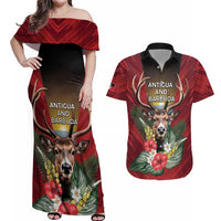 Personalized Antigua and Barbuda Couples Matching Off Shoulder Maxi Dress and Hawaiian Shirt Tropical Flowers Stag Deer - Wonder Print Shop